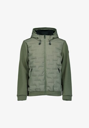 Grüne Pufferjacke mit einer strukturierten Kapuze und Ärmeln, ausgestattet mit einem Reißverschluss, Seitentaschen und einem gesteppten Design auf der Vorderseite.