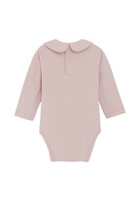 Langsleeve bodysuit in zachtroze stof met een ronde kraag en knoopsluiting aan de achterkant, met een aansluitende pasvorm en een gladde textuur.