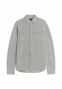 Hellgraues Langarmhemd aus strukturiertem Stoff, mit einer Button-Down-Front und zwei Brusttaschen mit Klappenverschlüssen.
