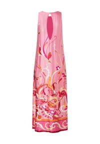 Long pink dress with floral patterns in shades of red and orange, featuring a keyhole back and a smooth, flowing fabric texture.