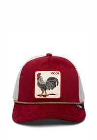 Red suede baseball cap with white mesh sides, features a rooster patch with rhinestones, and a decorative rope accent along the brim.