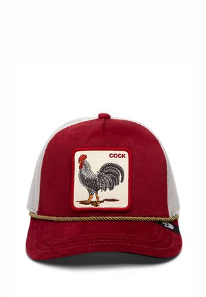 Red suede baseball cap with white mesh sides, features a rooster patch with rhinestones, and a decorative rope accent along the brim.