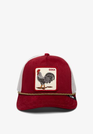 Red suede baseball cap with white mesh sides, features a rooster patch with rhinestones, and a decorative rope accent along the brim.