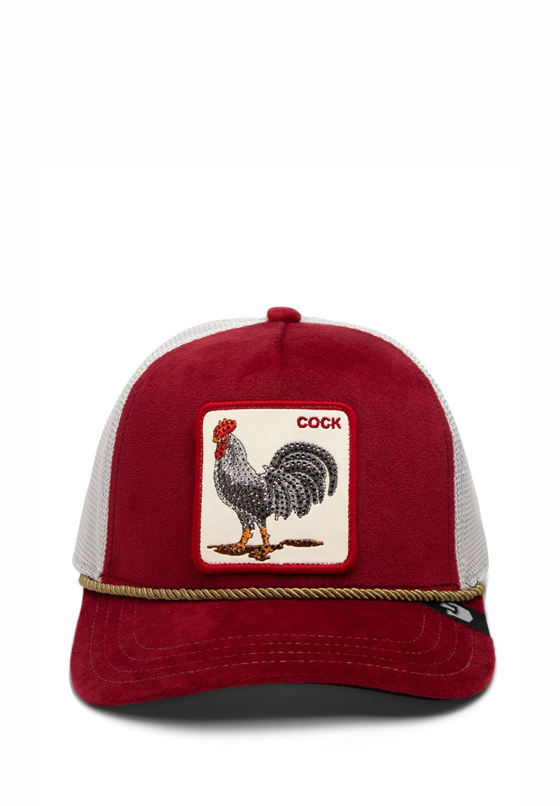 Red suede baseball cap with white mesh sides, features a rooster patch with rhinestones, and a decorative rope accent along the brim.