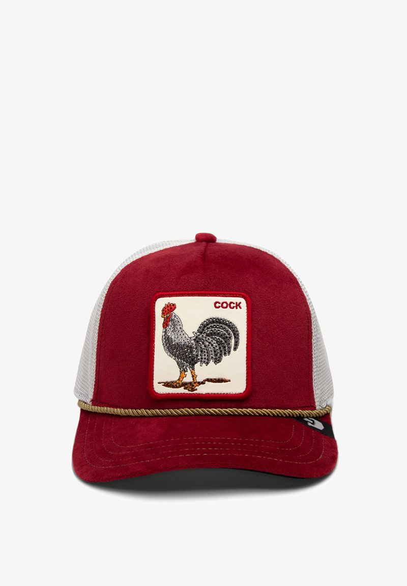 Red suede baseball cap with white mesh sides, features a rooster patch with rhinestones, and a decorative rope accent along the brim.