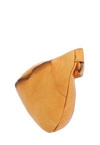 Yellow leather pouch with a rounded shape, curved seam, and visible metal zipper. Its surface has a soft, textured finish.