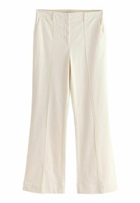 Pantalons crèmes à taille haute, à plat devant, avec deux poches latérales et une coupe large et évasée. Fabriqués en tissu en coton texturé.