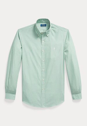 Grøn og hvid vertikalt stribet langærmet skjorte med knapper og knap-fastgjort krave samt Polo Ralph Lauren-logo på brystet.