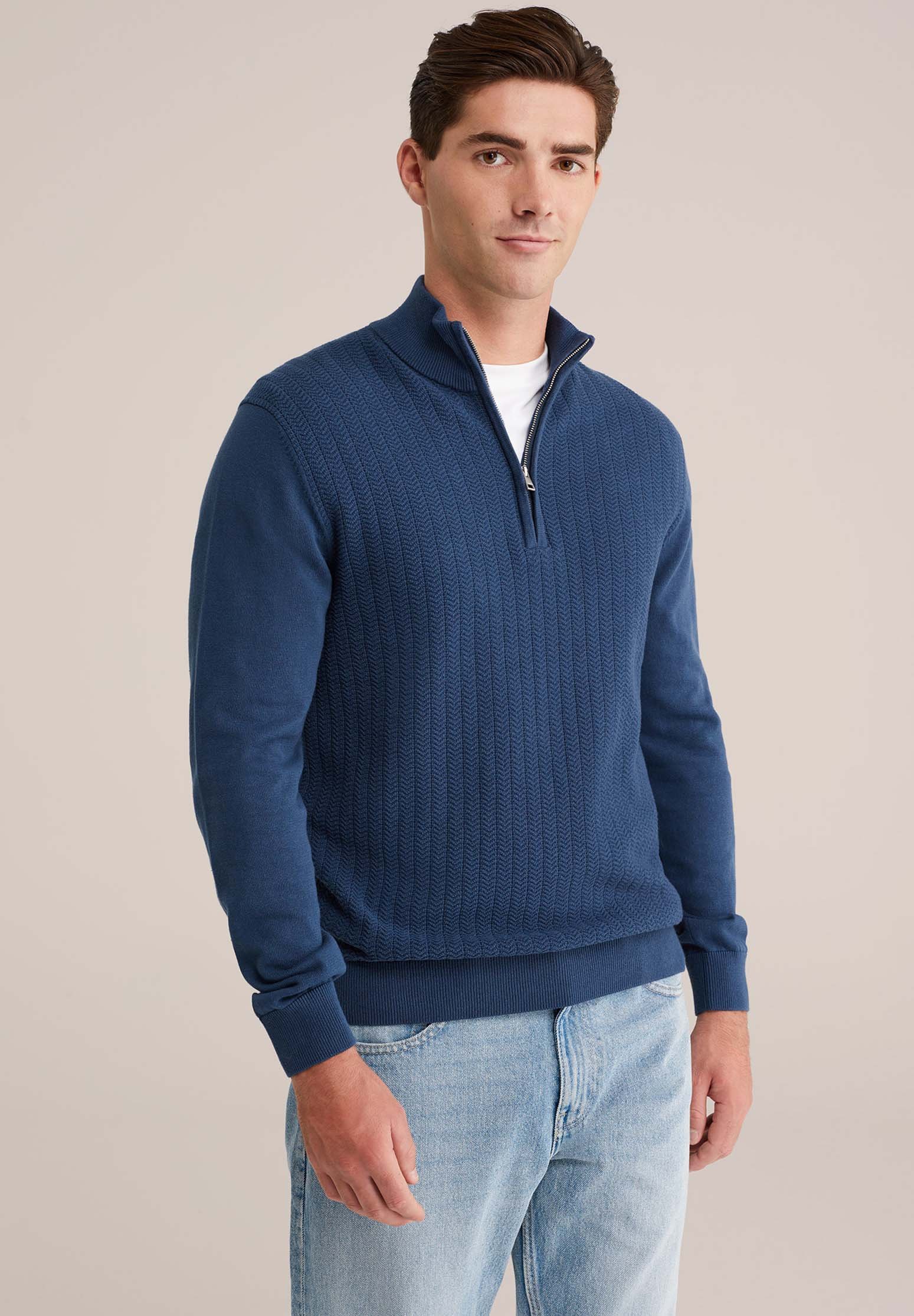 Wilbers Maglione Uomo Natale – Blu E Bianco Con Pois, Fiocchi Di Neve E Babbo Natale Sulla Slitta, Taglia Small