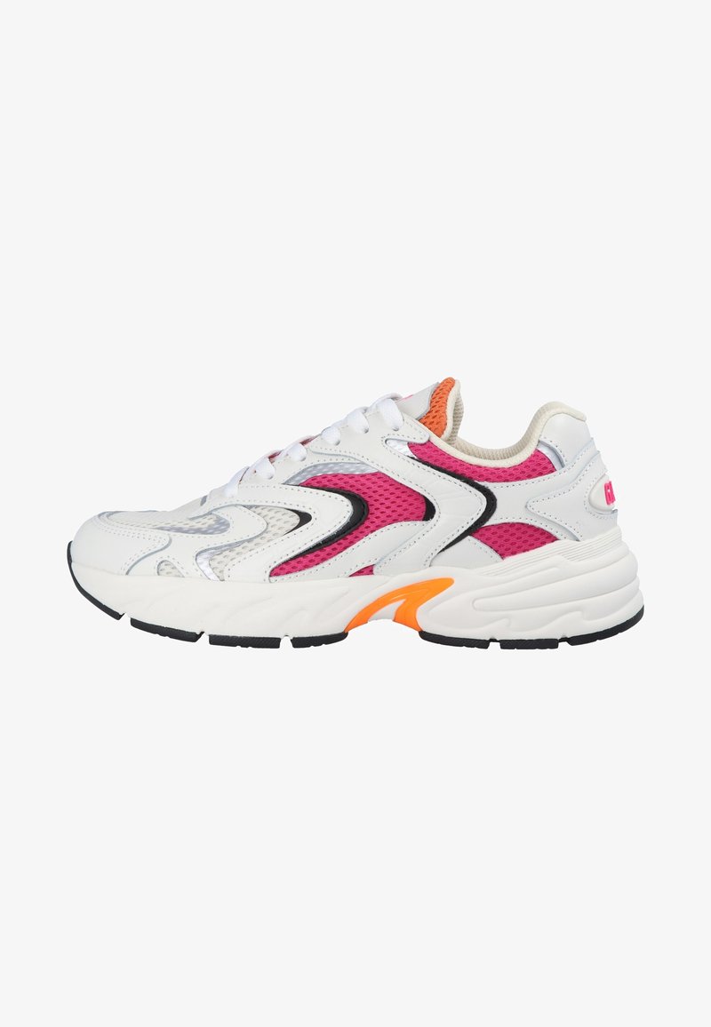 White athletic sneaker with pink mesh accents and black outlines. Features orange detail on sole, textured upper pattern, and white laces.