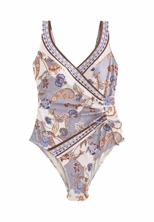 One-piece swimsuit with wrap design, adjustable side tie, and floral paisley pattern in shades of purple, brown, and cream.