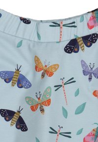 Light blue fabric featuring a pattern of colorful butterflies and dragonflies, with green leaves. Soft texture with an elasticized neckline.