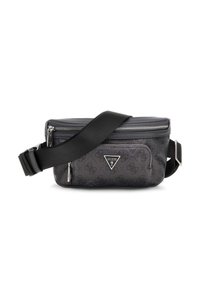 Bolso bandolera de tela negra con herrajes plateados, que presenta un logotipo prominente, cierre de cremallera y una correa ajustable.