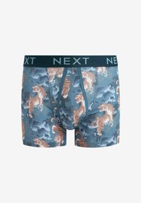 Men's boxer briefs featuring a blue fabric with a tiger and cloud pattern, elastic waistband with "NEXT" branding, and a snug fit.
