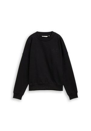 Sweat-shirt noir à manches longues, col rond et poignets côtelés. Comprend un logo brodé ton sur ton sur la poitrine et une coupe décontractée.