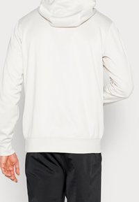 Ljusgrå hoodie med en slät textur, långa ärmar och huva med snörning. Designad med en figursydd nederkant och utan synliga mönster.