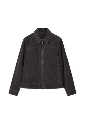 Veste en daim gris foncé avec fermeture éclair complète à l'avant, col pointu, manches longues et deux poches latérales verticales.