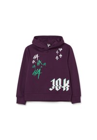 Sudadera morada con un bolsillo frontal, que presenta texto gráfico y formas en blanco y verde. Fabricada con tela suave y con capucha ajustable.