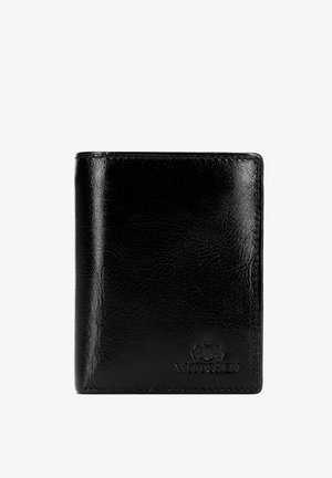 Portefeuille bifold en cuir noir avec logo "WITTCHEN" embossé et blason dans le coin inférieur droit, sur fond blanc.