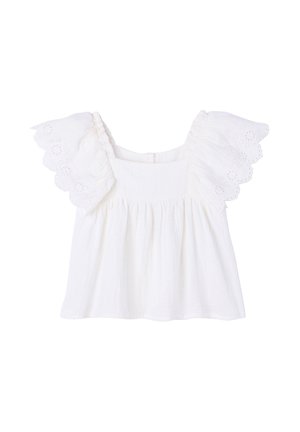 White sleeveless blouse with square neckline and ruffled eyelet lace detailing on shoulders and upper arms.