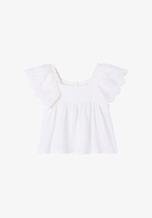 Weiße ärmellose Bluse mit quadratischem Ausschnitt und Rüschen aus augenlochgesäumter Spitze an Schultern und oberen Armen.