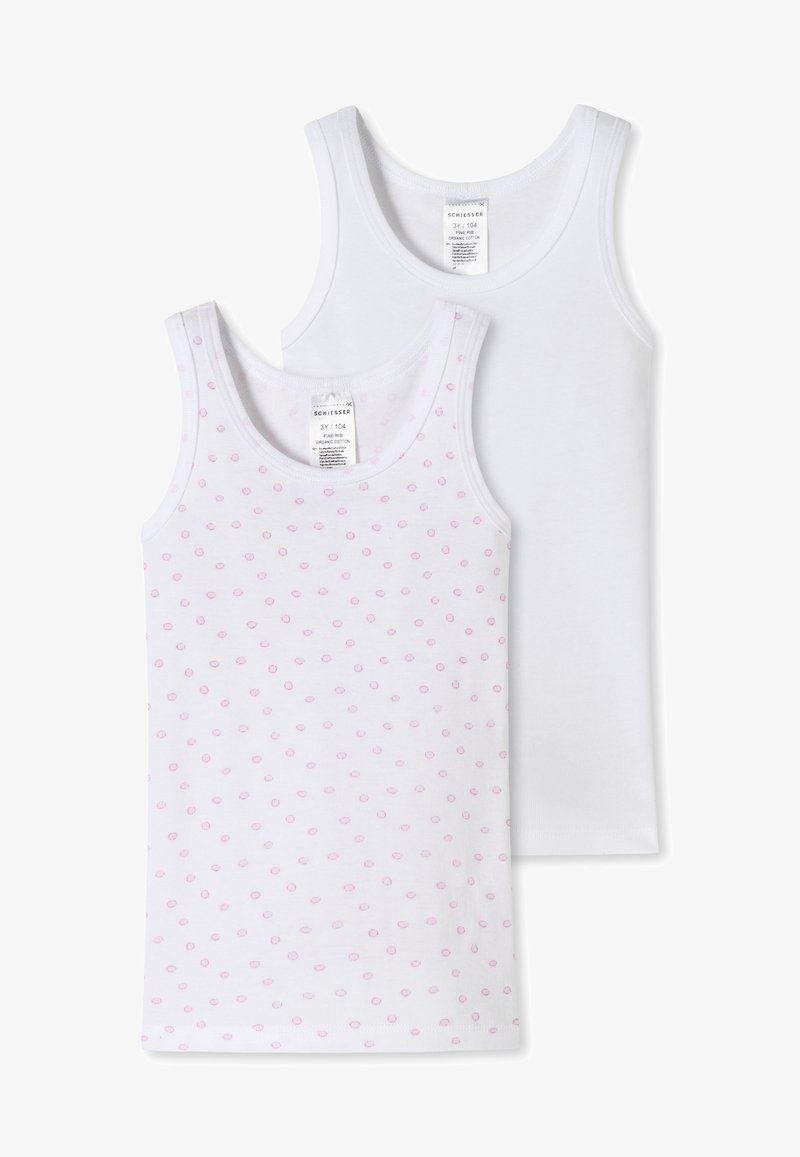 Deux débardeurs en coton : un blanc uni et un blanc avec de petits motifs circulaires roses. Les deux présentent des bretelles larges et des encolures arrondies.