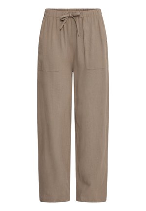 Løse beige bukser med elastisk talje og snøre foran, udstyret med store forlommer, lige ben og en blød stoftekstur.