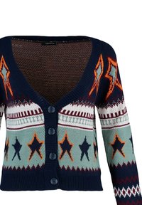 Marineblauer Cardigan mit V-Ausschnitt, fünf dunklen Knöpfen und einem geometrischen Sternmuster in Orange, Türkis und Weiß auf der Brust und den Ärmeln.