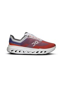 Red and purple athletic shoe with a lightweight mesh upper, white midsole featuring cut-out design, and contrasting gray accents.