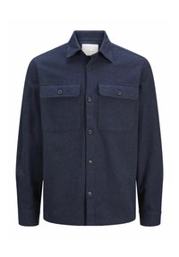 Tmavě modrá texturovaná tkaná košile s button-up přední částí, dvěma náprsními kapsami a klasickým límcem. Jemná látka se strukturovaným tvarem.