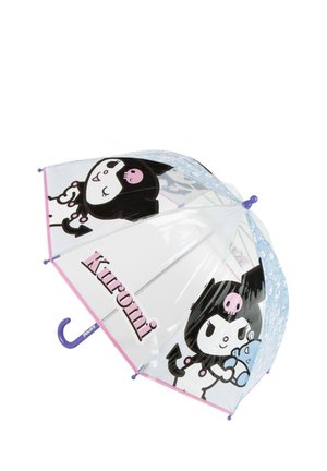 Ombrello trasparente per bambini con il personaggio Kuromi e disegni di teschi rosa, manico viola e rifiniture rosa ai bordi.