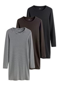 Drei Langarmshirts hängen zusammen: eines in Schwarz, eines in Dunkelbraun und eines mit schwarz-weißen Streifen. Alle haben einen Rundhalsausschnitt und eine gerippte Struktur.