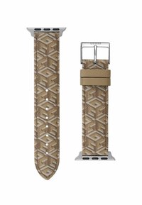Brązowy smartwatch z wzorzystym paskiem o geometrycznym wzorze, wykonany z strukturalnego materiału, z srebrną klamrą i regulowanym zapięciem.