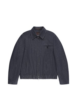 Donkerblauwe jas voor heren met ritssluiting, kraag, elastische zoom en een borstzak met rits, weergegeven op een witte achtergrond.