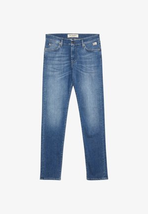 Jeans in denim blu con taglio slim, cinque tasche, chiusura con bottoni e leggero effetto sbiadito su cosce e ginocchia.