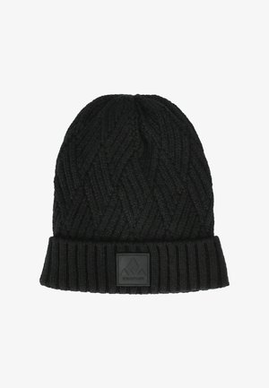 Bonnet d'hiver noir tricoté avec motif chevron et revers plié, avec un petit logo rectangulaire sur le devant.