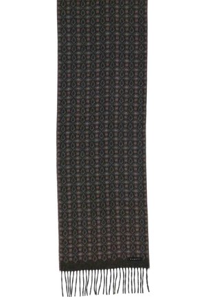 Dark patterned scarf made from soft fabric, featuring geometric designs in muted colors and finished with fringed edges.