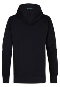 La sudadera con capucha negra presenta una textura suave, mangas largas, puños acanalados y un pequeño logo turquesa en la parte posterior del cuello.