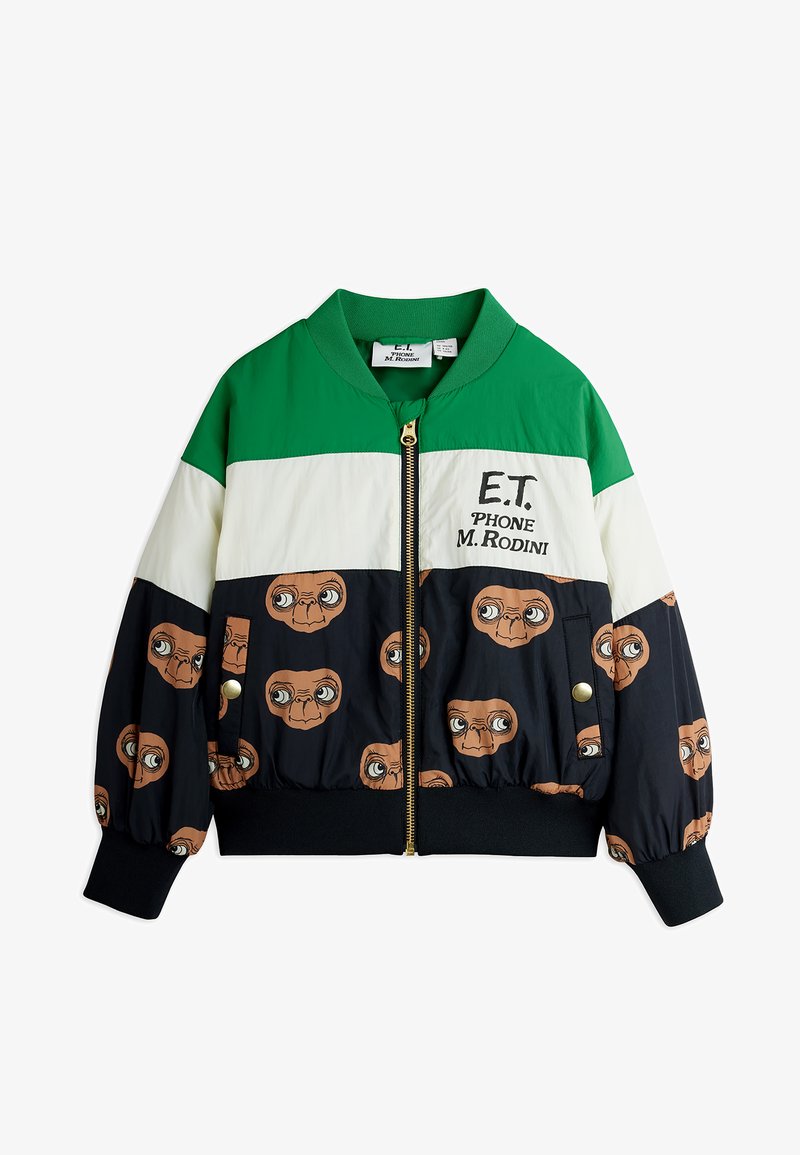 Detská zipsová bunda s zeleným golierom, bielym predným panelom s textom „E.T. PHONE M. RODINI“ a čiernou spodnou časťou s tvárami E.T.