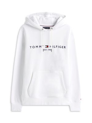 Felpa bianca in cotone, con tasca a marsupio frontale, cappuccio con cordoncino e un logo con la scritta "TOMMY HILFIGER EST. 1985" in lettere blu navy.