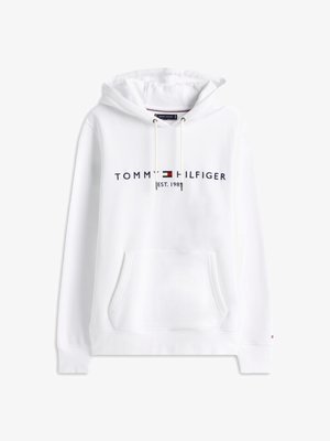 Felpa bianca in cotone, con tasca a marsupio frontale, cappuccio con cordoncino e un logo con la scritta "TOMMY HILFIGER EST. 1985" in lettere blu navy.