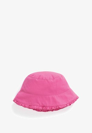Rózsaszín pamut kalap, fodros szélekkel. Simma textúrája és lekerekített teteje van, a napvédelem érdekében tervezve.
