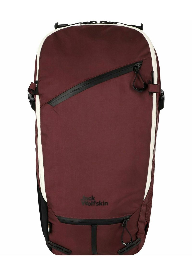 Bordeaux backpack met een slank ontwerp, zwarte ritsen en banden. Bevat een logo aan de onderkant en gevoerde secties voor comfort en ondersteuning.