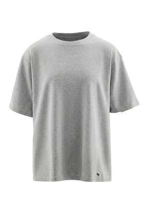 Lysegrå T-shirt med korte ærmer, rund hals, afslappet pasform og lille sort stofmærke nær kanten på forsiden til højre.