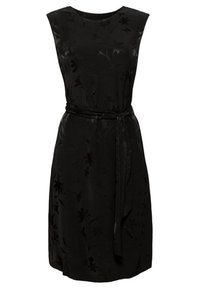 Robe noire sans manches avec un motif floral subtil et une ceinture à nouer assortie à la taille, longueur genoux avec un col rond.