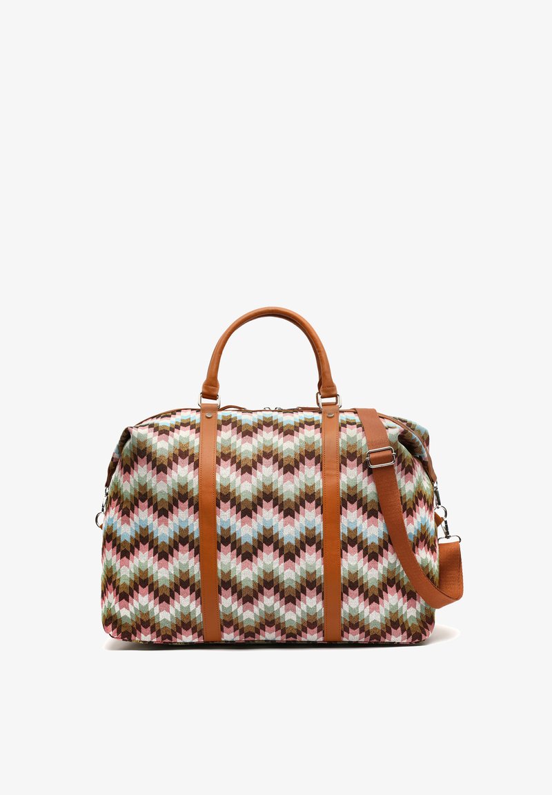 Travel duffel bag with brown leather handles and strap, featuring a zigzag pattern in pink, blue, brown, and white colors.