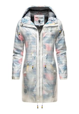 Imperméable transparent avec un motif de feuilles de palmier en bleu et rose. Doté d'une fermeture éclair à l'avant, d'une capuche ajustable avec cordon et de poches à pression.