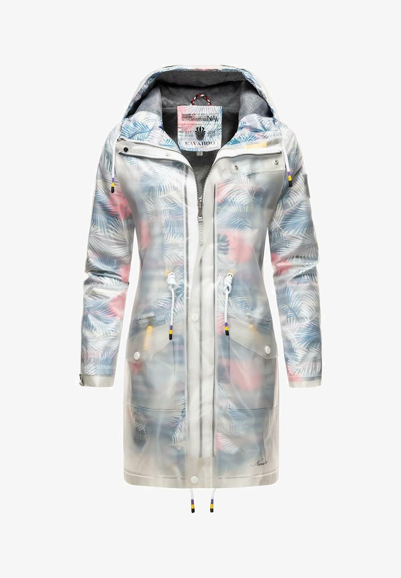 Transparent regnjacka med ett palmbladsmönster i blått och rosa. Har dragkedja fram, justerbar dragsko på huvan och tryckknappsfickor.