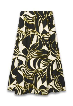 Gonna a trapezio bianca e nera con motivo astratto di foglie delimitate da linee gialle, vita aderente e morbide pieghe per un effetto svasato e movimento.
