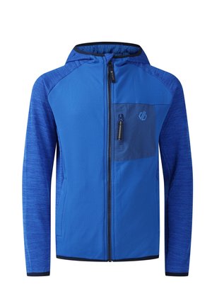 Blaues Kapuzenjacke mit durchgehendem Reißverschluss, dunkleren blauen Raglanärmeln, Reißverschlusstasche auf der Brust und Logo auf der linken Brust.
